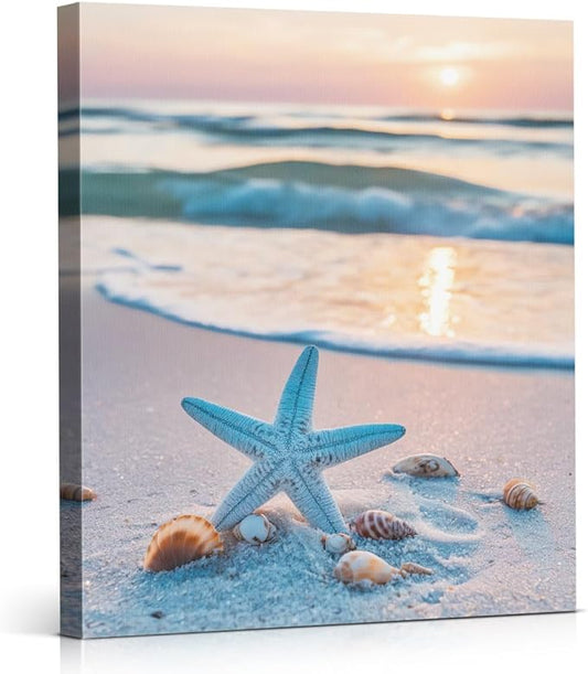 Coastal Wall Art Decor Canvas, Sunset Starfish Beach Print, Blue Beach Bathroom Wall Art for Home Bedroom Living Room Wood Framed 8x10 Inch