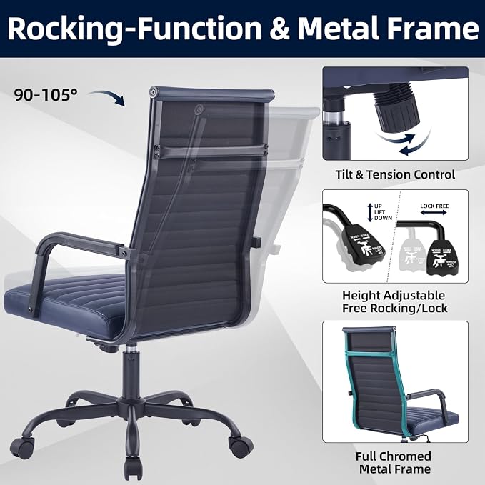 Office Chair, Ergonomic Executive Conference Room Chairs, Ribbed Leather Desk Chair with Lumbar Support, Adjustable Height Mid-Back Swivel Chair with Padded Seat