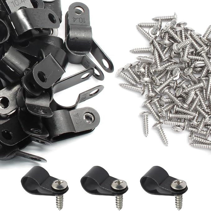 50 Pcs 3/8 Inch Black Nylon Cable Clip Wire Clamp | R-type Screw Mounting, 10.4mm, Wire Management, Stainless Steel Screws Included