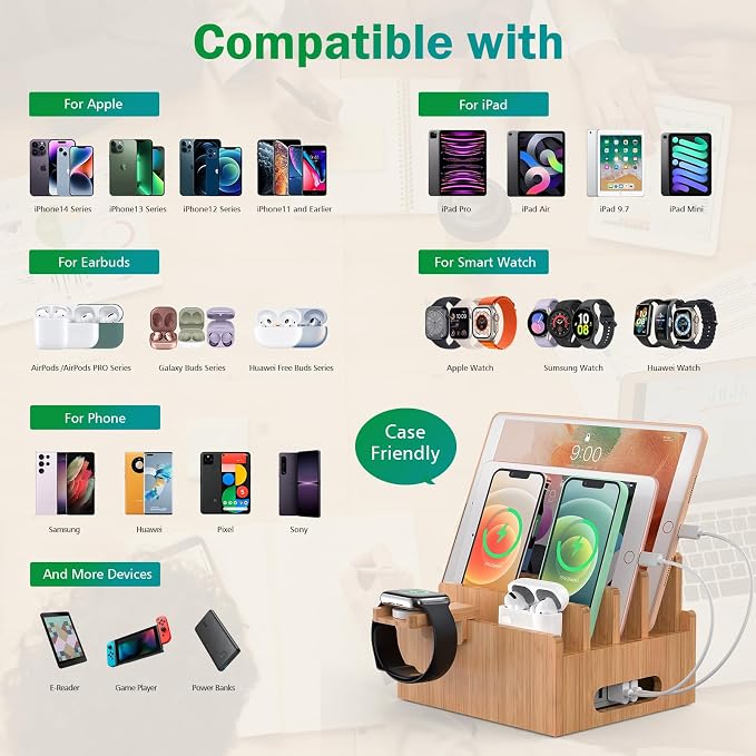 Pezin & Hulin Cell Phone Charging Stations with Watch Holder | Bamboo Dock Organizer for Multi Devices, Tablets, Smart Watch, No Power Charger Supply