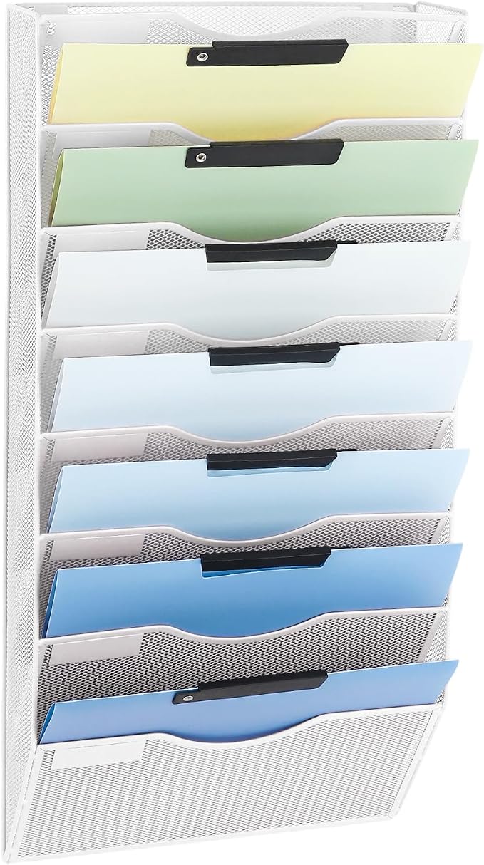 EASEPRES 8 Pocket Mesh Hanging Wall File Organizer, Wall Mounted Mail Paper Document Folder Holder, Clipboard Storage Organization Magazine Rack with Nametag Label for Office Home School, White
