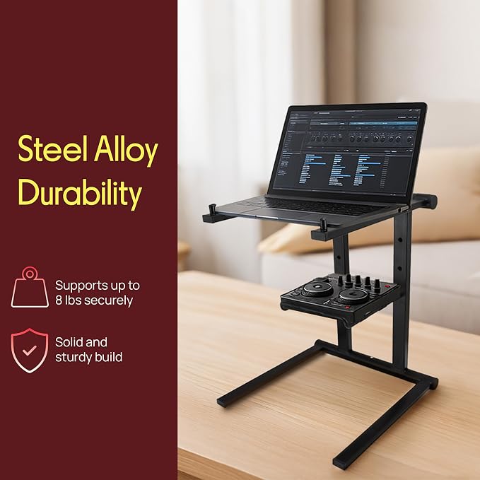 Pyle Portable Folding Laptop Stand - Foldable Laptop Stand with Adjustable Height, Secondary Accessory Tray for iPad, Tablet, DJ Mixer, Workstation, Gaming, Home Use and Carrying Bag Included