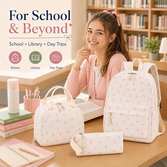Bluboon School Backpack Set Girls Womens Laptop Bookbag Casual Daypack Fits 15 inch Laptop with Lunch Tote Bag and Pencil Bag