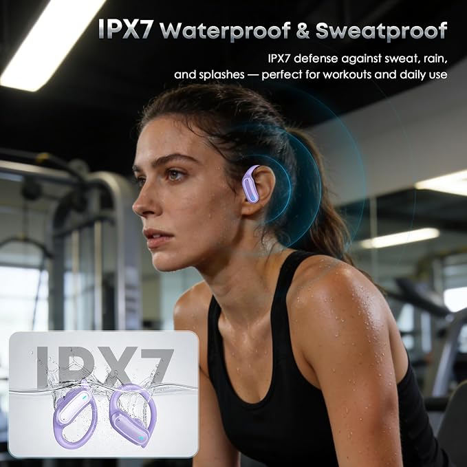 TRAUSI Wireless Earbuds Bluetooth Headphones, 54H Playtime Stereo Over Ear Buds with ENC Noise Cancelling, LED Power Display, IPX7 Waterproof Sport Earphones wih Earhooks for Running/Workouts Purple