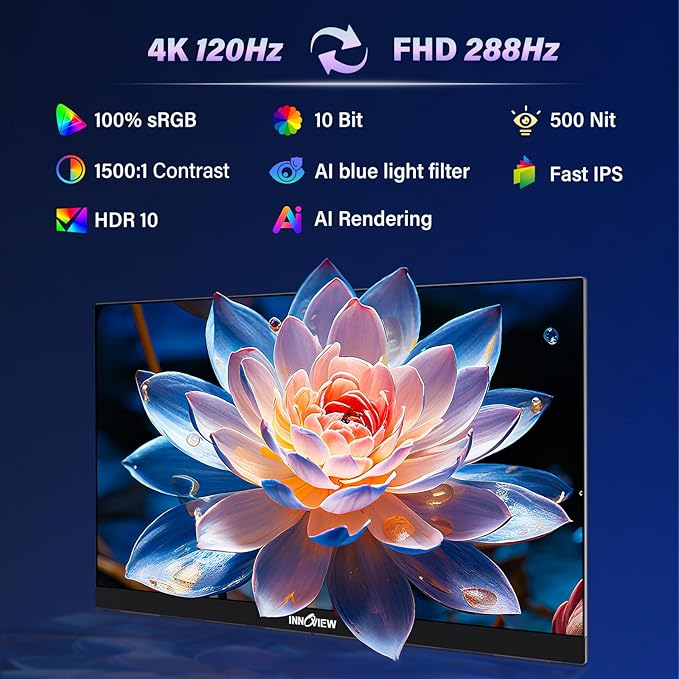InnoView 27 Inch Monitor Dual Mode 4K UHD 120Hz/FHD 288Hz Larger Monitor, USB-C HDMI Computer Display HDR IPS Gaming Monitor, Kickstand, Speakers, for PC, MAC, Phone, PS4, Xbox, Switch