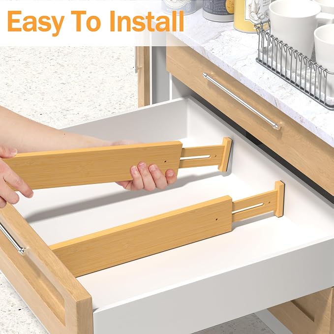 BAMBUROBA Bamboo Drawer Dividers, Adjustable Organizer for Kitchen & Bedroom, Expandable 17-22" Drawer Separators, 4-Pack