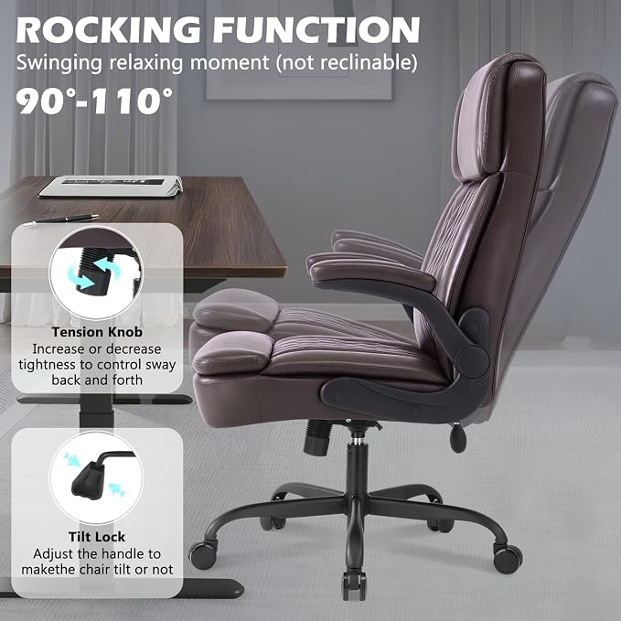 450LBS Big and Tall Executive Office Chair with Flip up Arm,Heavy Duty PU Leather Computer Desk Chair,Comfortable High Back Swivel Home Office Chair with Rolling for Adults,Spring Cushion,Metal Base