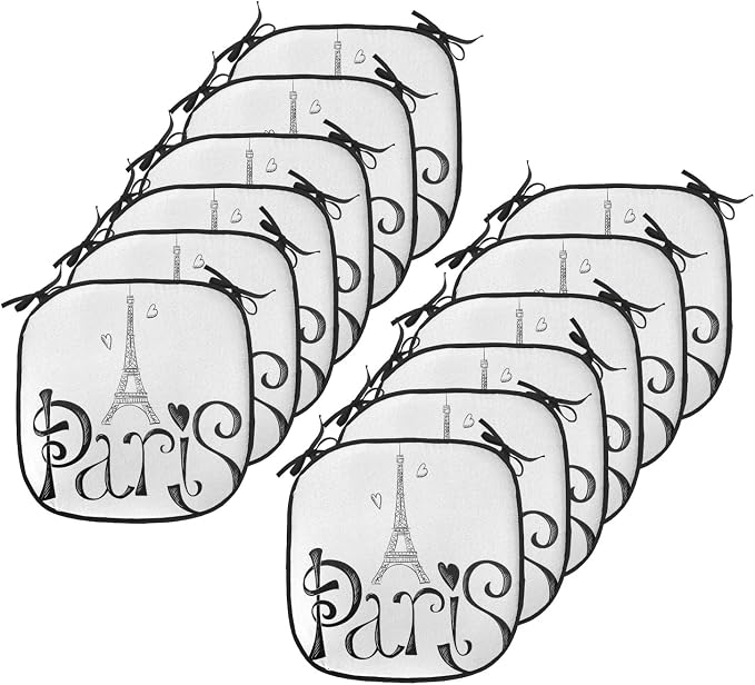 Lunarable Paris Chair Cushion Pads Set 12, Illustration Eiffel Tower France Heart Shapes Silhouette Vacation Theme Art, Anti-Slip Seat Padding for Kitchen & Patio, 16"x16", Black White