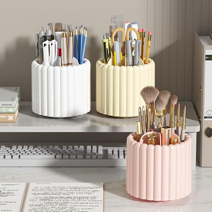 Desk Organizer, 360° Rotating Pen Holder for Desk, Pencil Cup with 7 Compartments Storage Box Caddy for Kids, Office, School, Home (Pink)