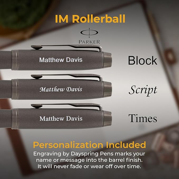 Dayspring Pens Personalized Parker IM Rollerball Pen | Monochrome Titanium with Gun Metal Accents | Engraved Luxury Pen for Men Women | Custom Name Pen Gift for Office, Graduation, Writers - Black Ink