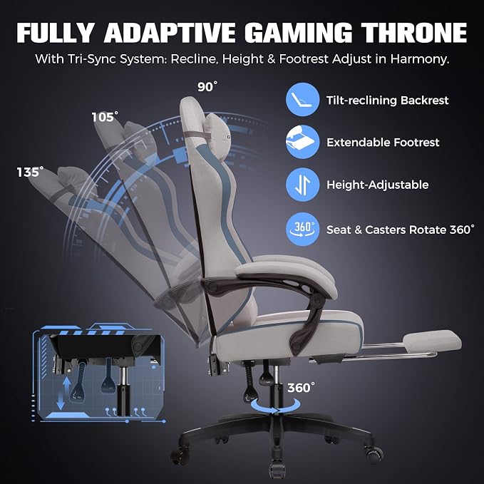 GTPLAYER Big and Tall Gaming Chair 350lbs Heavy Duty Office Chair with Foot Rest, High Back Pocket Spring Ergonomic Computer Chair for Adults, Wide Comfy Seated Cushion with Linkage Armrests, Grey