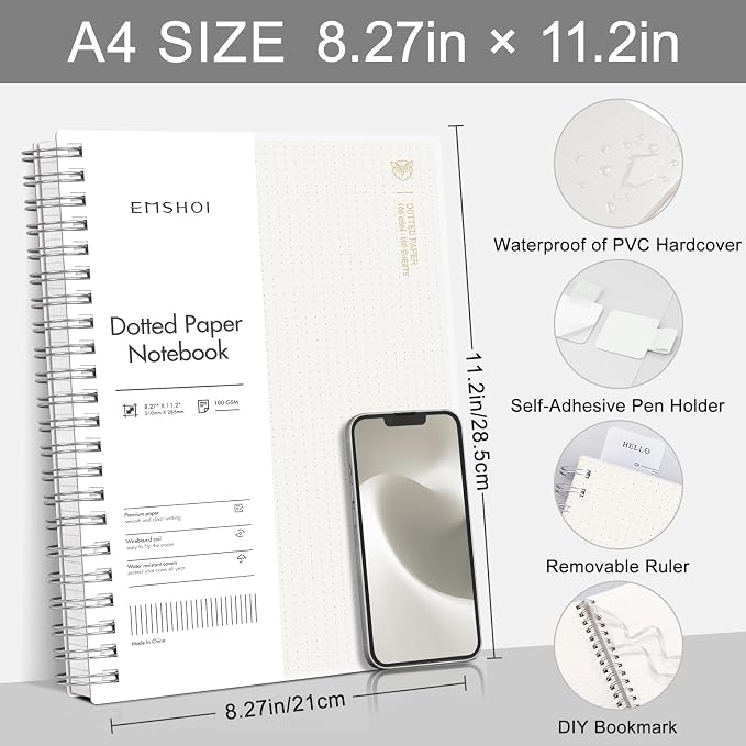 EMSHOI A4 Spiral Notebook Dotted Journal, Dotted Grid Notebook with 300 Pages, 100gsm Thick Paper, Waterproof Softcover Notebook for School Work Writing, 8.27" × 11.2" - Transparent