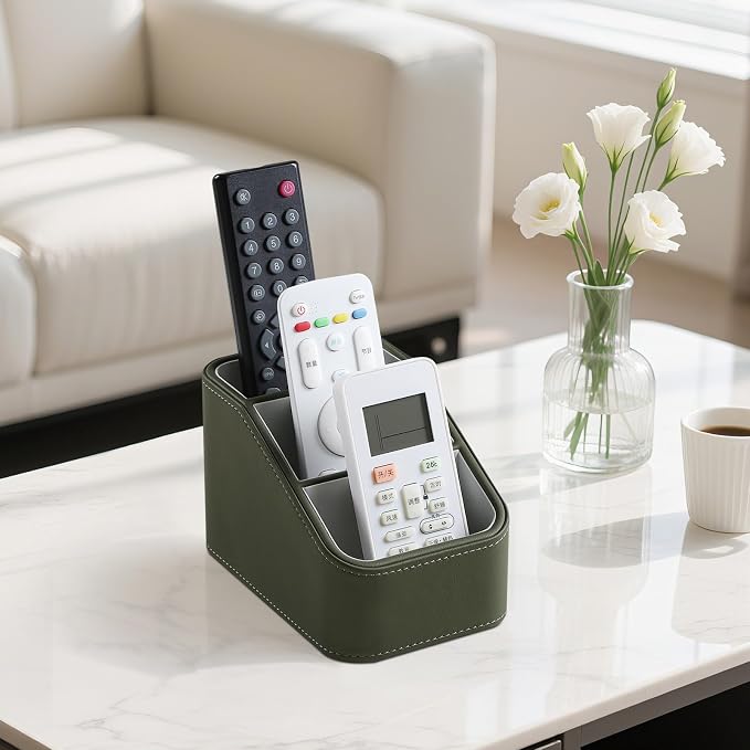 PU Leather Remote Control Holder, Small Desk Organizer Office Supply Bedside Caddy for Nightstand End Table Couch, Pen Remote Organizer with 3 Compartments (Green)