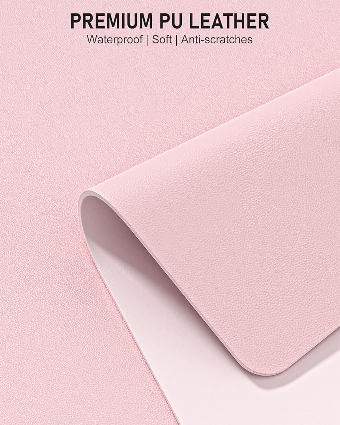 Desk Pad, 23.6" x 13.8" PU Leather Non-Slip Desk Mat Large Mouse Pad for Desktop, Waterproof Laptop Computer Writing Mat for Office, Home, Work, Gaming, Light Pink