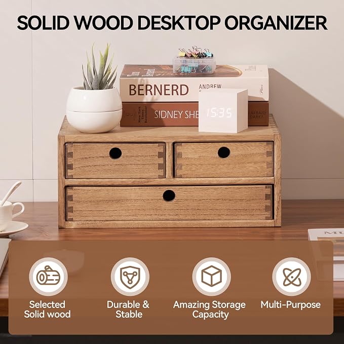 KIRIGEN Wood Desk Organizer with 3 Drawers, Desktop Storage Brown 23-DBR | Wooden Desktop Drawer Hold A4 Papers, Stationery, Jewelry, and Makeup, Fully Assembled for Home Office