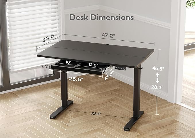 Claiks Electric Standing Desk with Drawer 48 x 24 Inch Black | Metal steel frame, supports 176 lbs, 28.35 to 46.46 inch height range, 3 memory settings, 45 dB motor