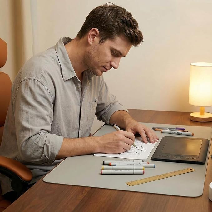 Leather Desk Pad Protector - (Light Gray, 11" x 48") Large Mouse Pad, Office Mat, Non-Slip PU Leather Blotter, Laptop Desk Pad, Waterproof Writing Pad for Office and Home
