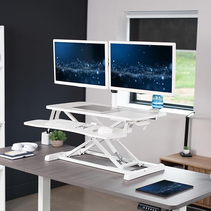 VIVO Height Adjustable 32 inch Standing Desk Converter with Dual 13 to 30 inch Monitor Stand, Sit Stand Monitor Mount and Desk Riser, White, DESK-V000K-M2W