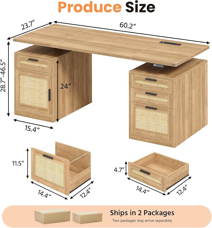 60" Rattan Electric Standing Desk with Drawers for Home Office, Oak | Height Adjustable Computer Desk with 4 Drawers & Storage Shelves, Wood Sit Stand Desk with Power Outlets for Work, Study