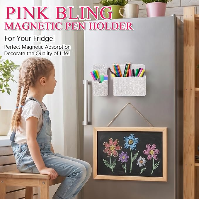 MotiMind 2 Pcs Bling Magnetic Marker Holder Women Girl Locker Accessories Marker Pen Pencil Holder for Refrigerator Whiteboard Sparkly Gift Desk Organizer for School Office(Rhinestone,White)