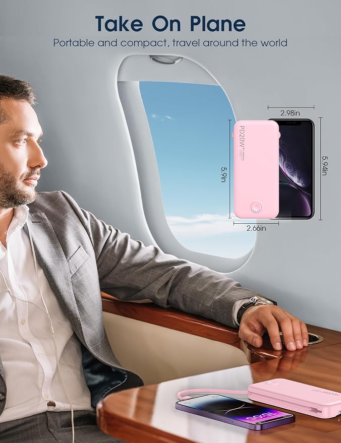 Nusyddy Portable Charger 10000mAh PD20W w/Built-in Cables & Wall Plug Pink | PD20W Fast Charging, Battery Indicator, Pass Through Charging, TSA Approved, Compact/Slim, Power Bank for iPhone/iPad/Samsung