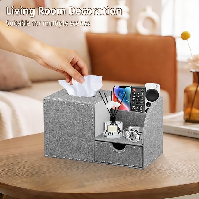 Nightstand Organizer with Tissue Holder,PU Leather Square Tissue Box Cover | Modern Facial Paper Organizer Storage Box for TV Remote Control,Bathroom,Vanity Countertop,End Table,Home and Office Decor