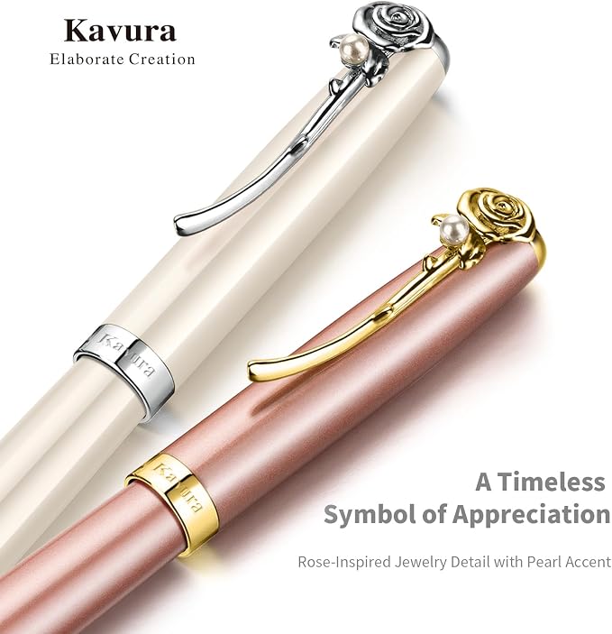 Rose & Pearl Rollerball Pen – Luxury Brass Pen Gift Set for Women, Jewelry-Inspired Design, Glossy Finish, with German Refill, Romantic Gift for Her, Anniversary & Valentine’s Day (Pearl White)