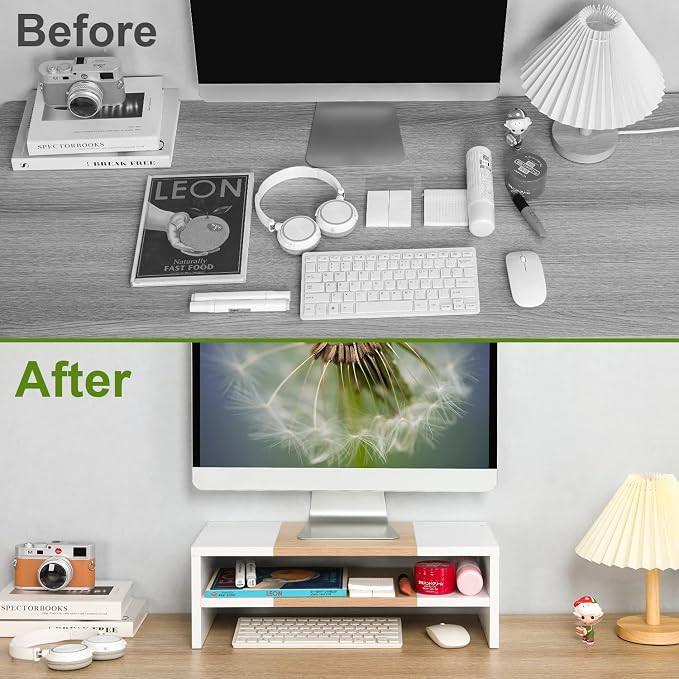 TEAMIX 2 Tiers Desktop Monitor Stand Riser 20 Inch Printer Stand with Storage Small TV Riser Laptop Wooden Desk Organizer Shelf Bookshelf Maple (White+Maple, 2 Tiers) | Laptop/PC/Printer/Keyboard Storage, Ergonomic Design, 15mm thick Sturdy Wood Boards...
