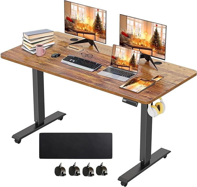 Electric Standing Desk 55 x 24 Inches Adjustable Height Sit Stand Up Desk for Home Office Computer Workstation Memory Preset with Wheels, Brown