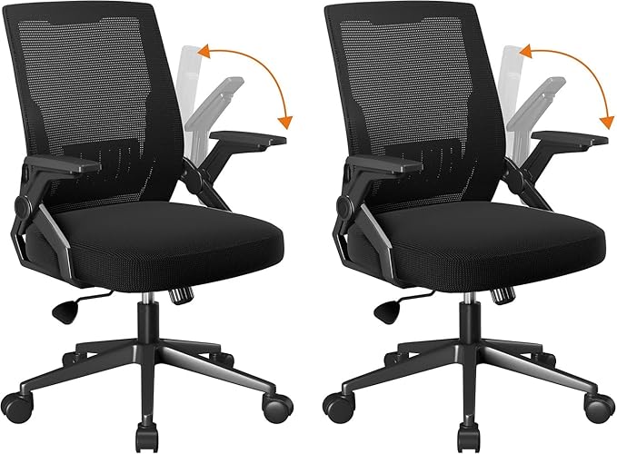 COMHOMA Office Chair with Flip-up Armrests Ergonomic Computer Desk Chair with Adaptive Lumbar Support & Breathable Mesh, Black, Pack of 2
