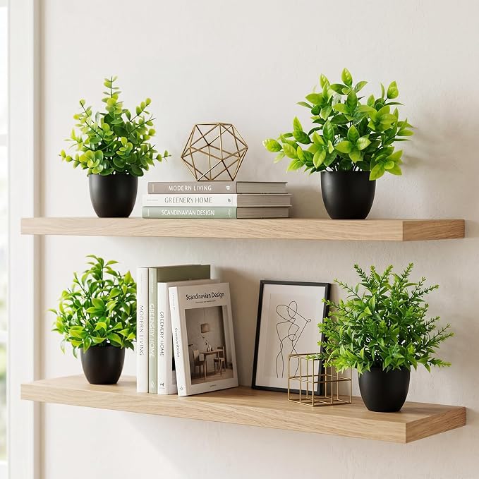 4 Pack Mini Fake Plants Artificial Potted Plants for Home Office Bathroom Shelf Desk Decor, Small Faux Greenery with Black Pots, Assorted Faux Grass & Leaf Plants for Indoor Aesthetic Decoration