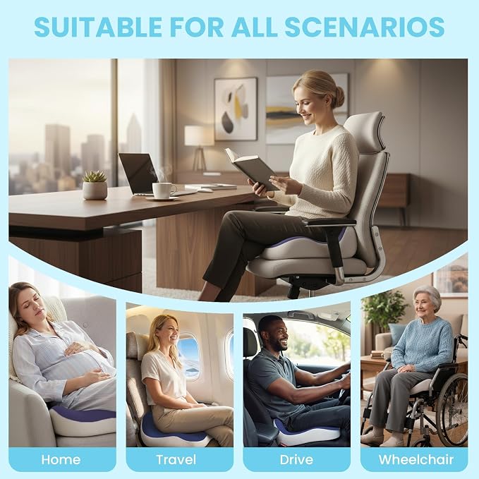 Seat Cushion, Memory Foam for Sit Bone and Back Pain Relief | Dual-Hole Ventilation, Coccyx,Sciatica and Tailbone Hip Relief ,Posture Support ,Office Chair and Car Seat,Home Use