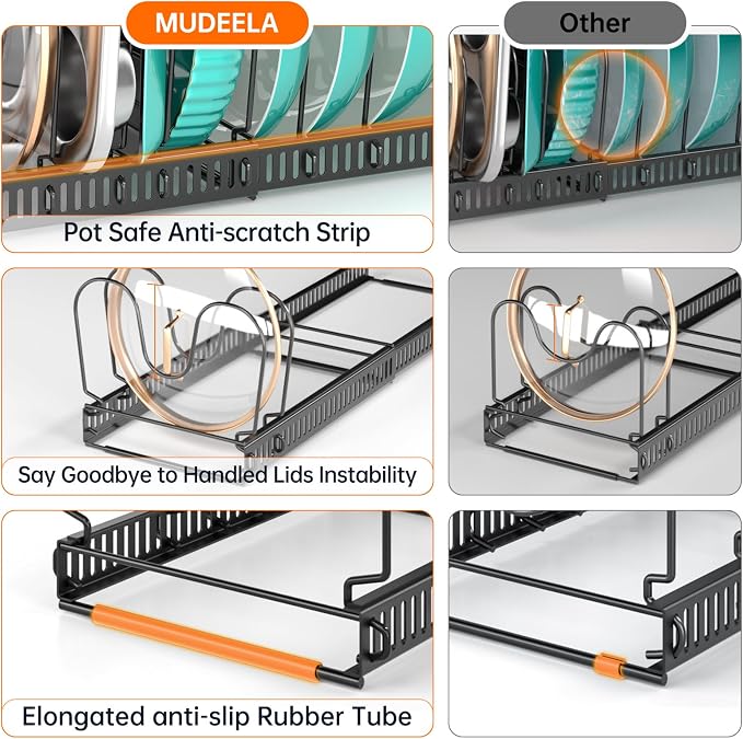 MUDEELA Expandable Pot Pan Lid Organizers inside Cabinet, 12 Divider-Black | Expandable 11.8–22.9", 12 Adjustable Divider, Tool-Free Assembly, Non-Slip, Scratch-Proof, For Pan Lid Cutting Board Bakeware