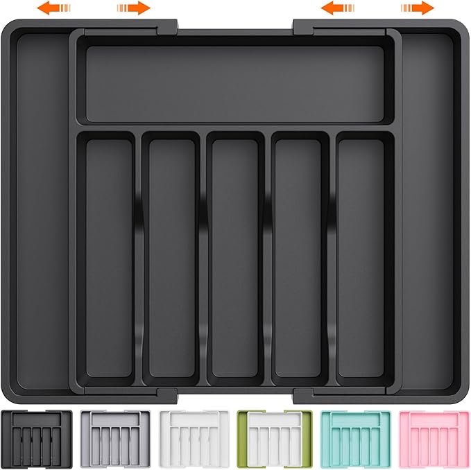 Lifewit Silverware Drawer Organizer, Expandable Utensil Tray for Kitchen, BPA Free Flatware and Cutlery Holder, Adjustable Plastic Storage for Spoons Forks Knives, 13-22 x 15", Black
