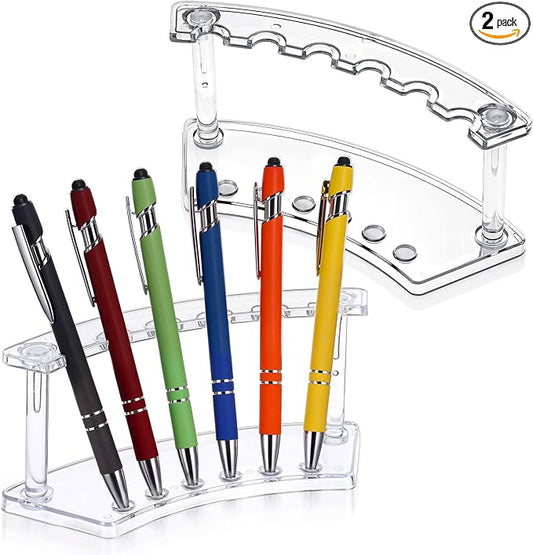 Kifmurase 2Pcs Clear Plastic Pen Holder Stand Display Rack, 6-Slot Pen Display Stands, Acrylic Pencil Holders Eyebrow Pens Stand Makeup Brush Rack Organizer for Home Office Store Desk School Supplies