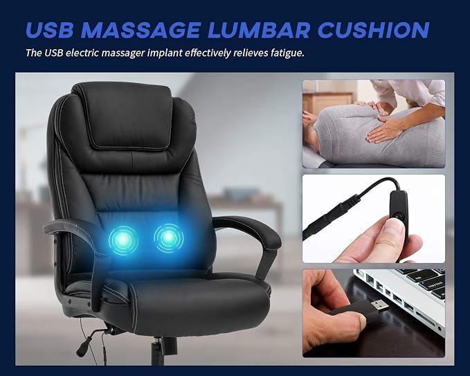 Big & Tall Home Office Chair Desk Chair Executive Chair 500LBS Ergonomic High Back Leather Computer Chair with Lumbar Support Headrest Massasge Height Adjustable Swivel Task Chair for Adult Women Men