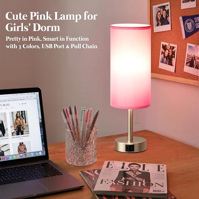 Dicoool Pink Bedside Table Lamp for Bedroom, Small Nightstand Lamp for Girls, 3 Color Temperatures & USB Charging Port, Cute Desk Lamp for Kids Teens Room Decor, Dorm Room Essentials