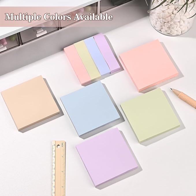 BAYTORY 6 Pads Pastel Sticky Notes, Memo Self-Stick Note, Index Tabs Easy to Post for School Office Notebook (3x3 & 3x0.7 Inch)