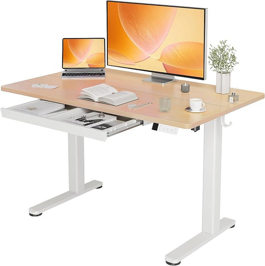 YDN Electric Standing Desk 48 x 24 Inch with Drawer Natural | Industrial steel frame supports 176Lbs, 28.3 to 46.5 inch height range, 3 memory presets, 45dB quiet motor