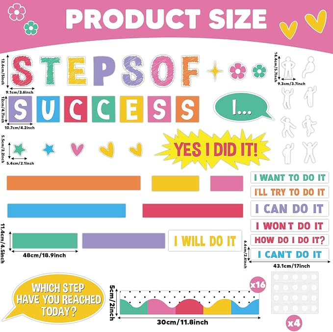 Motivational Bulletin Board Decorations Set Back to School Positive Classroom Decor Steps of Success Paper Cutouts Educational Sayings Accents for School Door Wall Chalkboard Decor Supplies (Pastel)