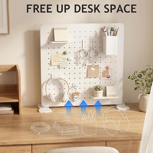 White Metal Desk Pegboard Organizer, 15.75 in with Hooks and Shelves | White metal desktop pegboard with support feet, hooks, shelves, storage cup and magnets for office, bedroom and craft storage