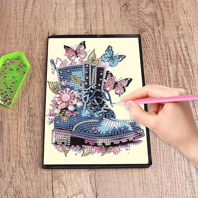 FRANDEK A5 50-Page DIY Butterfly Boots Diamond Art Painting Notebook with Beautiful Patterns, Special Shaped Diamond Art Craft for Beginners Adults Gift