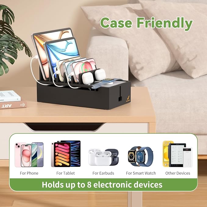 Pezin & Hulin Bamboo Cable Management Box, No Power Adapter -Black | Wire Organizers for Cords, Charge Station Box, Desktop Dock Organizer Rack for Electronic Device (Include 6 Cables)