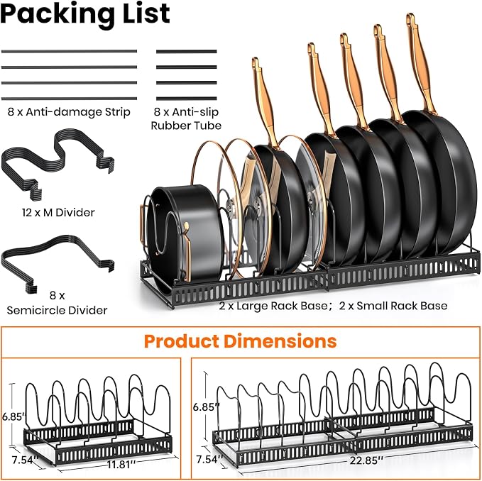 MUDEELA Expandable Pot Pan Lid Organizers inside Cabinet, 10 Divider 2-Pack | Expandable 11.8–22.9", 10 Adjustable Divider, Tool-Free Assembly, Non-Slip, Scratch-Proof, For Pan Lid Cutting Board Bakeware