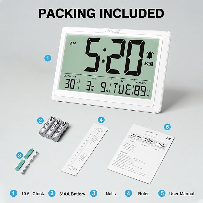 XREXS 10.4 Inch Digital Wall Clock Battery Operated Large Display Clock | Digital Calendar with Indoor Temperature/Humidity/Date/Day, Auto DST for Classroom, Livingroom, Office(No Backlight)(White)