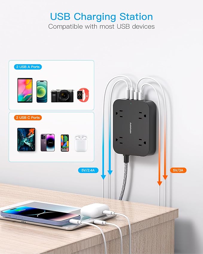 Black Extension Cord 25 Ft, HANYCONY Ultra Thin Flat Plug Power Strip with 4 Outlets 4 USB Ports (2 USB C), Wall Mount, Desk Charging Station for Office, Travel and Dorm Room Essentials