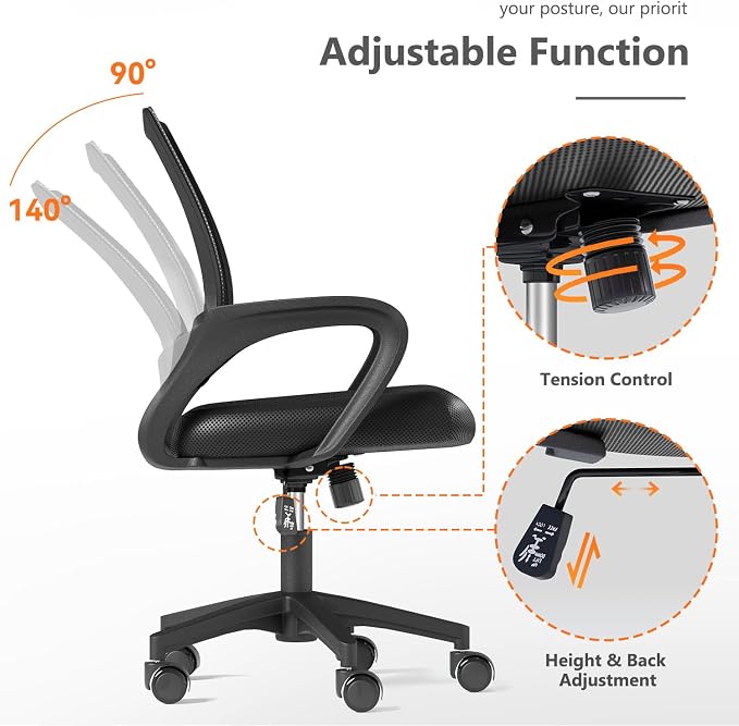 OS MOTOR Ergonomic Mid-Back Mesh Office Chair (Black, 2 Pack) | Lumbar Support, Adjustable Height, Swivel Rolling Design, Comfy Armrest, Home, Office, Work, Study, Gaming, Vanity