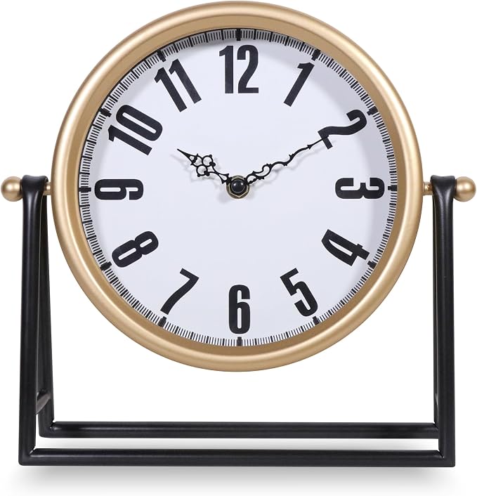 Silent Analog Desk Clock - Vintage Battery Operated Mantel | White Round Wooden, 10.4 Inch, Farmhouse Rustic Decor, Bedroom Living Room Office, No Tick Silent Gift