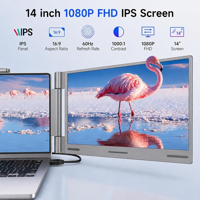 AOC 14" Laptop Screen Extender, Triple Portable Monitor for 13”-17.3" Laptops, 1080P FHD IPS Display, HDMI/USB-C Cable Plug-Play, Laptop Monitor Extender for Mac/Windows (Gray)