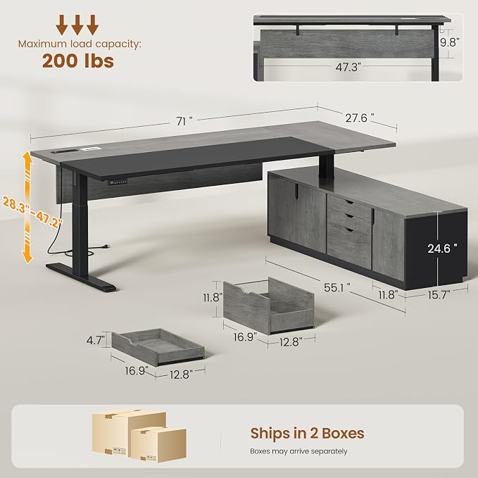 SEDETA Executive L Shaped Electric Standing Desk, 71" Height Adjustable Executive Desk with 3 Drawers and Cabinet, Sit Stand Up Home Office Desk with Power Outlets & Side Hook (Grey)